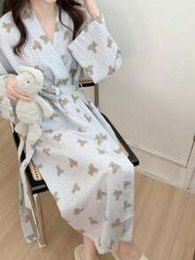女款長款輕量浴袍 柔軟蓬鬆居家服 歐美風簡約長袖睡袍 甜美可愛熊圖案印花 薄款純色睡衣家居服 春秋休閒居家穿著 舒適日常晨袍 - 藍色小熊 - 查看 12