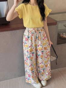 SHEIN Tween Girls Woven Solid Color Flutter Sleeve T-Shirt & Ditsy Floral Pants Casual Outfit - Multicolor - View 1