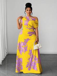 Maweii Plus Size Green Floral Print Ruched Waist Slit Shoulder Casual Vacation Dress - Multicolor - View 5