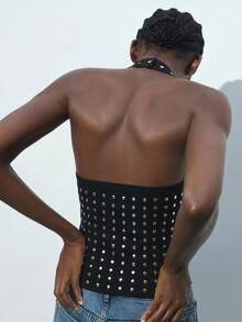 Maija Black Halter Crop Top, Modern Urban Style, Suitable For Party, Casual Outing, Autumn - Black - View 2