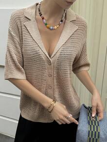 Livesso Cardigan estivo da donna color kaki, stile casual ampio per vacanze & pendolarismo, tessuto a maglia traforata, maniche corte con colletto stile scuola - Albicocca - Visualizzare 2