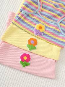 Cozy Pixies Baby Girls 3-Piece Knit Striped&Solid Floral Dress Set,Cute Vacation Style,Spaghetti Strap Fitted Suitable For Spring/Summer Outings, - Multicolor - View 6