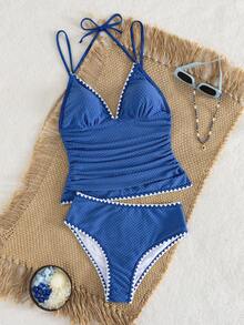 Swim Lushoire Swim Vcay 新款女款兩件式泳衣，白色紋理面料配黑色裝飾線條，抽褶腰部設計，女款度假背心比基尼 - 彩色 - 查看 6