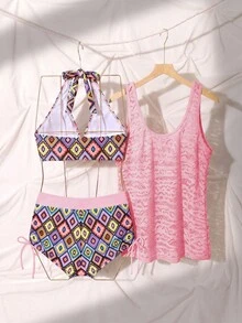 SHEIN Swim 女士沙滩装，假日，新年 - 深V椰树印花短裤搭配镂空针织罩衫和吊带露脐比基尼三件套 - 彩色 - 查看 7