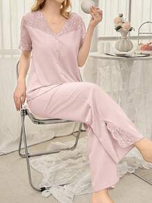 SHEIN Lace Patchwork Sheer Shoulder Cardigan Short Sleeve Pajama Set For Women - Pink - View 3