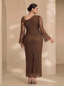 Graceveil Elegant Solid Color Lace Asymmetric Collar Long Sleeve Ruched Fitted Regular Spring/Summer Plus Size Dress - View 2