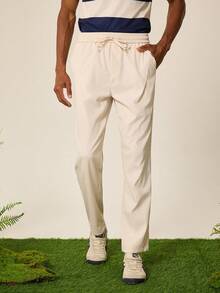 Tonviero Men's Solid Color Drawstring Waist Pocket Straight Leg Casual Pants, For Fall - Beige - View 5