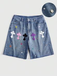 ROMWE MEN Men's Embroidered Cross Pattern Rhinestone Denim Shorts - Blue - View 1