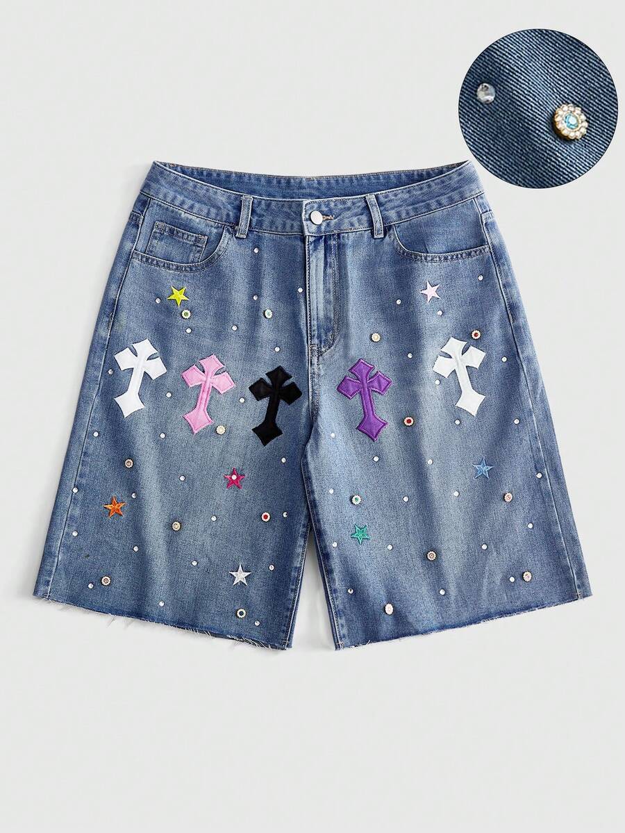 ROMWE MEN Men's Embroidered Cross Pattern Rhinestone Denim Shorts - Blue - View 1