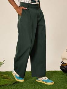 Tonviero Men's Solid Color Toothpick Stripe Design Loose Fit Casual Pants Wide Leg Pants - Army Green - View 5
