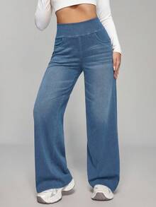 SHEIN PETITE Quần Jeans Ống Rộng Dáng Rộng Có Túi Lưng Thun Cho Nữ - Rửa nhẹ - Xem 8