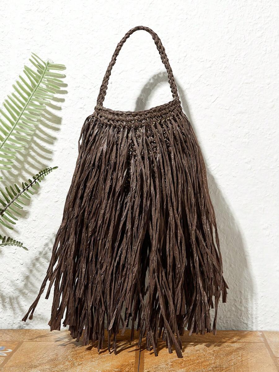 SHECARRY Ladies, Women Top Handle Bags , Fashionable, Simple, Elegant, Versatile, Straw,Tassel,For Beach,Vacation,Holiday,Summer, Seaside - Coffee Brown - View 1