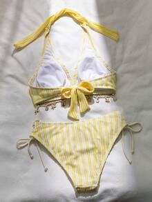 Swim Vcay 女款 2 件組白色紋理花卉三角比基尼套裝，波西米亞熱帶性感細肩帶泳衣，貝殼海星吊飾，夏季度假海灘 - 黃色 - 查看 5
