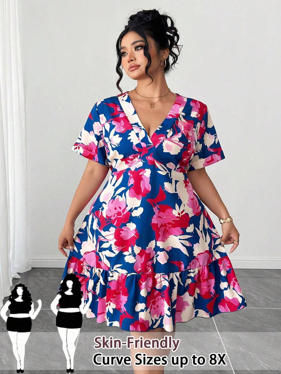 SHEIN CURVE+ Plus Size Women's Vacation Beach Outfits: Doll Dresses. - Multicolor - View 1