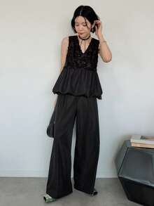 FRIFUL Women's French Style Lace Patchwork Camisole And Casual Pants 2 Pieces Set Summer - Black - View 7