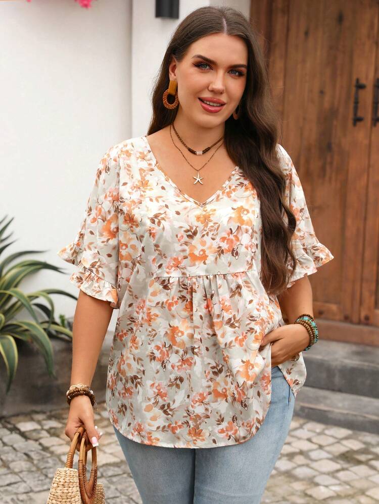 Plus Size Women Summer Casual Printed V-Neck Blouse