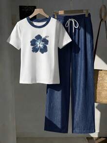 Divinelle 2pcs Set Embroidered Round Neck Short Sleeve Top And Striped Print Pants, Casual - Multicolor - View 6