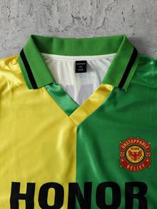 ROMWE MEN Prep World Cup Men's Letter Contrast Color Patchwork Short Sleeve Polo Shirt - Yellow - View 3