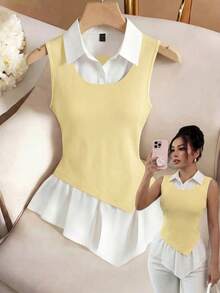 Franclia Conjunto de falda con parches de punto negro y tejido blanco, combinación suave y firme, delgada y linda. Adecuado para el transporte minimalista y las vacaciones del Año Nuevo Lunar, se puede usar a diario o para reuniones, versátil. - Amarillo claro - Ver 1