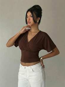 Aloruh Set de 2 camisetas casuales de mujer con cuello en V a rayas, mangas cortas tipo murciélago y plisadas - Multicolor - Ver 9