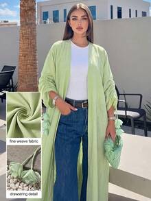 Yasmyna Mint Green Pleated 3/4 Sleeve Floral Decor Women's Abaya - Green - View 5