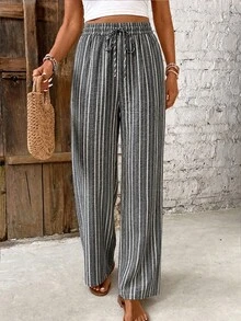 SHEIN Frenchy Casual Boho Minimalist Black Base White Stripe All-Over Print Pattern Women's Pants Suitable For Autumn Vacation Beach - Multicolor - View 3