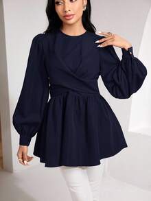 Veilorie Áo kiểu nữ tay dài, màu trơn, xếp ly, kiểu dáng thanh lịch. - Màu xanh hải quân - Xem 4
