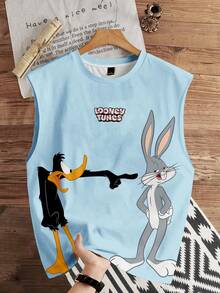 LOONEY TUNES X SHEIN Manfinity Joysei 標準尺寸男士極簡印花無袖背心上衣 - 淺藍色 - 查看 1