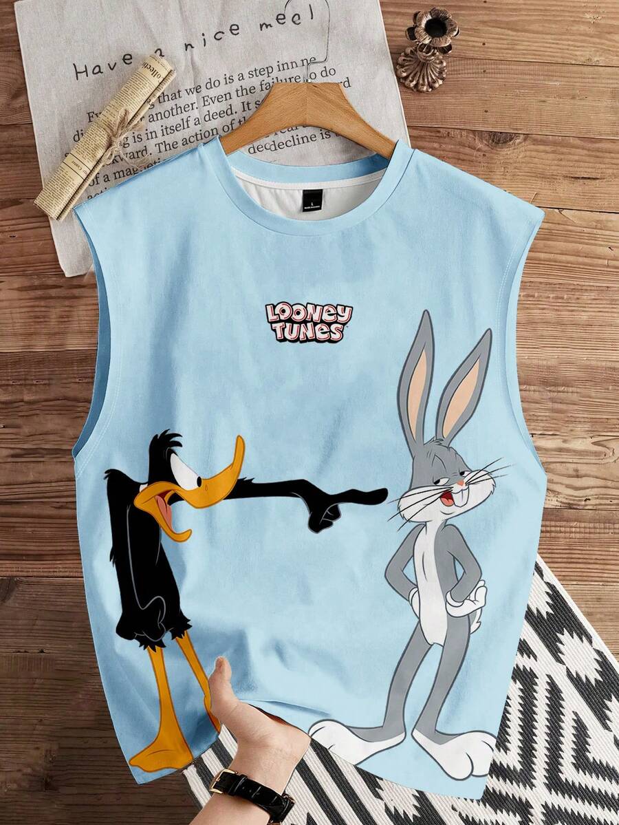 LOONEY TUNES X SHEIN Manfinity Joysei 標準尺寸男士極簡印花無袖背心上衣 - 淺藍色 - 查看 1
