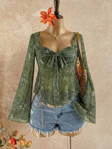 Soleia Trang phục nữ mùa thu, đi nghỉ mát, tốt nghiệp, tựu trường, áo kiểu babydoll cổ chữ V tay dài in họa tiết hoa paisley. - màu xanh lá - Xem 1