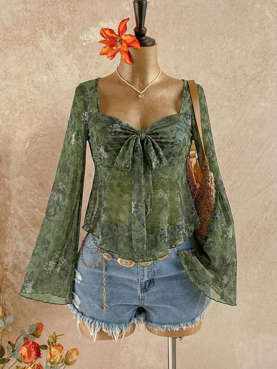 Soleia Trang phục nữ mùa thu, đi nghỉ mát, tốt nghiệp, tựu trường, áo kiểu babydoll cổ chữ V tay dài in họa tiết hoa paisley. - màu xanh lá - Xem 1