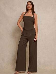 Glamine Bộ 2 món áo crop top ôm eo gợi cảm và quần ống đứng, vải dệt màu mơ, thiết kế đơn giản, dễ phối đồ, bộ sưu tập xuân mới. - màu nâu - Xem 7