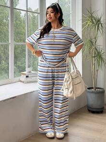 SHEIN EZwear 两件套加大码女式条纹撞色短袖圆领T恤和休闲裤套装 - 彩色 - 查看 3