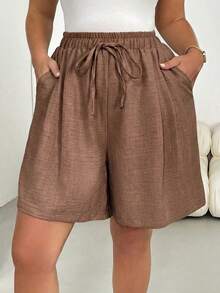 SHEIN Tall CURVE Quần short kaki dáng rộng thoải mái, dễ phối đồ dành cho nữ cỡ lớn, cạp chun, kiểu dáng tối giản, thích hợp cho hoạt động ngoài trời, dáng suông, phong cách mùa hè châu Âu, thời trang sân bay, phong cách Bohemian, nghỉ dưỡng, quần short ôm dáng, phong cách cổ điển sang trọng, quần short thoải mái, quần short rộng rãi, quần short Bermuda. - Màu Khaki - Xem 4