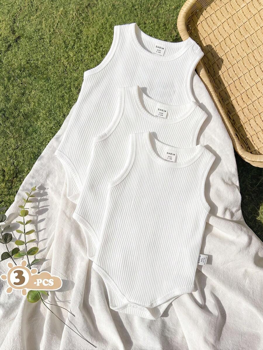 SHEIN Vintaside Kids 3件組嬰兒中性休閒背心連身衣套裝 白色夏季基礎款 柔軟舒適面料 黑色款 藍色款 適合度假旅行日常活動 - 白色 - 查看 1