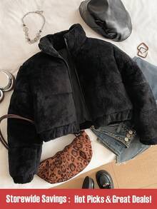 SHEIN Tween Girl 纯色蓬松厚腰抽绳连帽夹克，防尘，时尚街头服饰，适合户外活动和日常穿着，Y2K 冬季酷白色棉服 - 黑色 - 查看 1