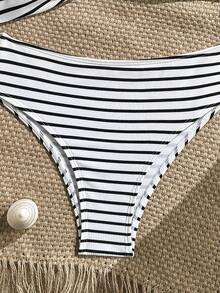 Swim SXY Women's Summer Beach Striped Twist Design Sexy Bikini Swimwear Set - Black and White - View 5