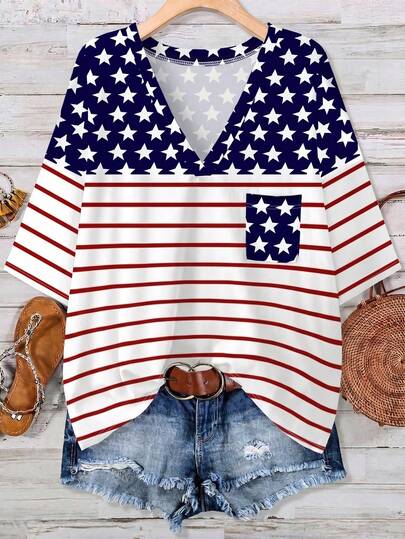 Mellowie Plus Size Women's Casual Minimalist US Flag Print T-Shirt, Suitable For Summer