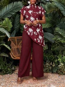 SHEIN Lady 女款立領短袖不對稱下擺休閒夏季兩件套 - 酒紅色 - 查看 6