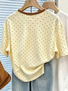 SHEIN 青少年女孩數位花卉與波點印花短袖上衣，休閒舒適，適合春夏季，戶外活動百搭穿搭，適用於野餐、街拍、度假、禮物及日常穿著 - 彩色 - 查看 2