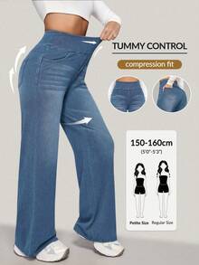 SHEIN PETITE Quần Jeans Ống Rộng Dáng Rộng Có Túi Lưng Thun Cho Nữ - Rửa nhẹ - Xem 1