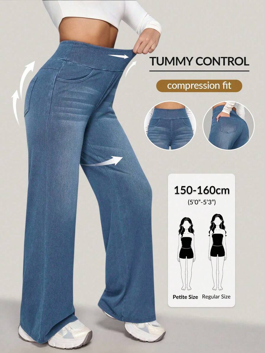 SHEIN PETITE Quần Jeans Ống Rộng Dáng Rộng Có Túi Lưng Thun Cho Nữ - Rửa nhẹ - Xem 1