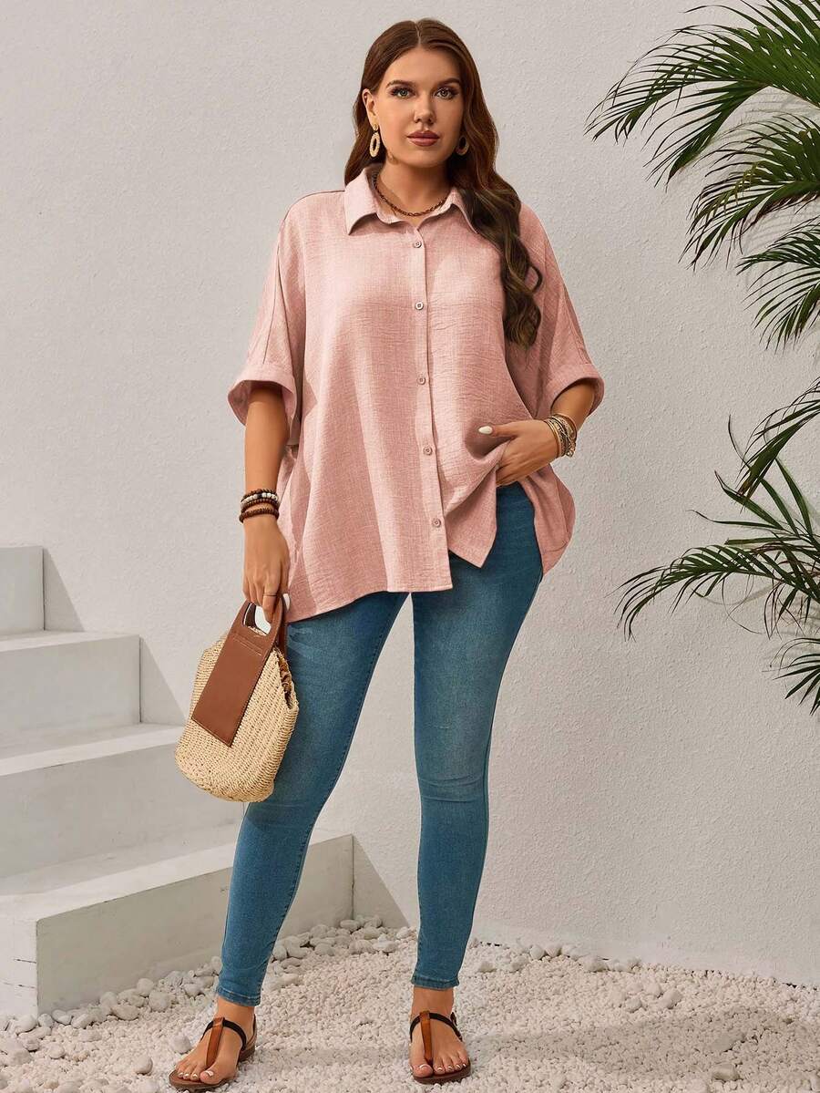 EMERY ROSE Kemeja Kasual Longgar Kancing Tunggal Lengan Kelelawar Warna Polos untuk Wanita Ukuran Besar, Pakaian Liburan Wanita, Pakaian Musim Panas Musim Gugur - Coral Pink - View 1