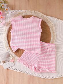 SHEIN Elladie kids Young Girls Pink Jacquard Knit Sleeveless Top And Shorts Set, Casual Minimalist Daily Outfit For Summer - Pink - View 4
