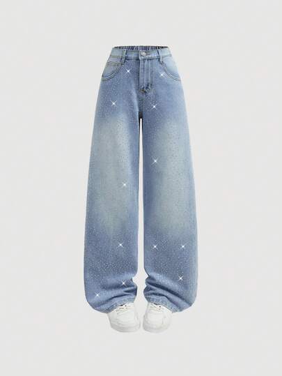 SHEIN Girlism 青少年女孩時尚休閒 Y2k 復古酷街頭可愛街頭時尚－亮片藍色寬鬆牛仔褲 青少年女孩服飾 青少年女孩日常穿搭 青少年女孩春夏季電音派對裝 節慶裝 街頭穿搭服飾