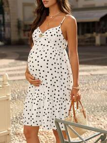SHEIN Robe cami d'été pour femmes enceintes en vacances à la plage, imprimé pois, buste froncé avec décoration métallique - Noir et Blanc - Voir 9