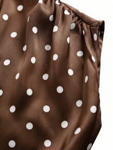 GlowEve Women's Brown And White Polka Dot, Summer, 70s, Party Stand Collar Asymmetric Ruffle Lace Splice Elegant Casual Commute Daily Wear Blouse Women's Top - Brown - View 3
