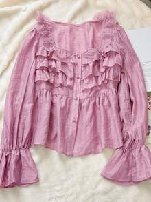 Livesso Women's Loose Fit Square Collar Ruffled Hem Pink Flare Sleeve Casual Blouse - Pink - View 4