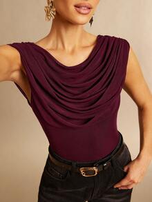 Silquee Bodysuit Feminino Elegante de Cor Sólida com Decote Drapeado e Babado, Verão - Violeta - Visão 4