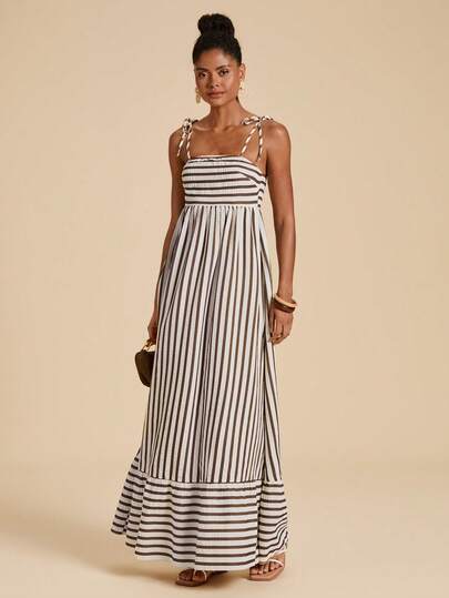 Travachic Women's Striped Ruffle Casual Party Long Strap Dress